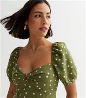 Women's Green Spot Puff Sleeve Mini Dress New Look