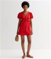 Red Cotton Broderie Frill Mini Dress New Look