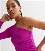 Women's Purple Ribbed One Shoulder Ruched Midi Bodycon Dress New Look