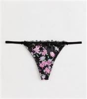 Women's Black Floral Print Satin Lace Trim Thong New Look