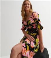 Black Tropical Floral Satin Puff Sleeve Wrap Midi Dress New Look