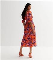 Women's Orange Floral Satin Puff Sleeve Wrap Midi Dress New Look