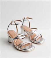 Women's Extra Wide Fit Silver Multi Strap Block Heel Sandals Vegan New Look