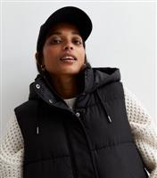 Women's Black Long Hooded Puffer Gilet New Look