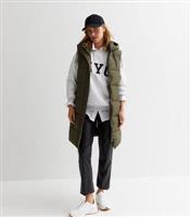 Women's Khaki Long Hooded Puffer Gilet New Look