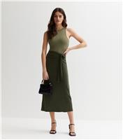 Women's Khaki Jersey Tie Side Midi Skirt New Look