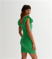 Green Ribbed Scoop Neck Frill Mini Dress New Look