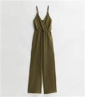 Tall Khaki Cotton Strappy Wrap Jumpsuit New Look