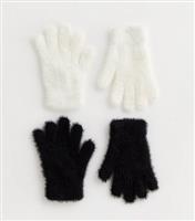 Girls 2 Pack Black and White Eyelash Knit Gloves New Look