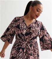 Women's Plus Size Black Leaf Print Kimono Midi Dress Curves New Look