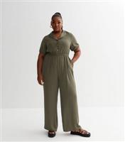 Women's Plus Size Khaki Herringbone Button Front Jumpsuit Curves New Look