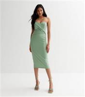 Light Green Bandeau Ruched Bodycon Midi Dress New Look