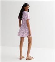 Lilac Floral Puff Sleeve Wrap Mini Dress New Look