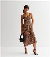 Women's Leopard Print Satin Strappy Cowl Neck Midi Dress Gini London New Look