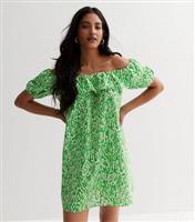 Green Abstract Print Cotton Frill Bardot Mini Dress New Look