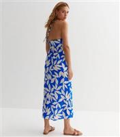 Blue Abstract Cotton Ruched Strappy Midaxi Dress New Look
