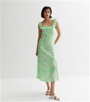 Green Ditsy Square Neck Frill Midi Dress New Look