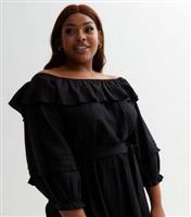 Women's Plus Size Black Frill Bardot 3/4 Sleeve Mini Dress Curves New Look