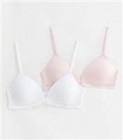 Girls' 2 Pack Pink and White Lace Trim Triangle Bras New Look