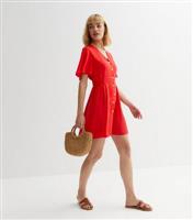 Red Button Front Mini Dress New Look