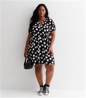 Women's Plus Size Black Spot Grandad Collar Mini Dress Curves New Look