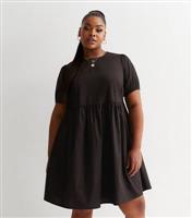 Women's Plus Size Black Cotton Tiered Mini Smock Dress Curves New Look