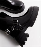 Women's Black Leather-Look Chunky Biker Boots Public Desire New Look