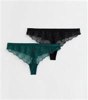 Women's 2 Pack Black and Teal Lace Thongs New Look