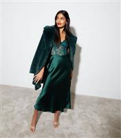 Women's Green Shine Satin Bias Cut Midi Skirt New Look