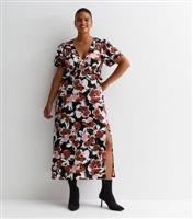 Women's Plus Size Black Floral Satin Frill Midi Dress Curves New Look