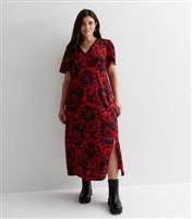 Curves Red Floral Satin Lace Trim Midaxi Dress New Look
