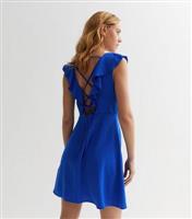 Bright Blue Cross Back Ruffle Mini Dress New Look