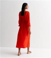 Red Long Sleeve Shirred Midaxi Dress New Look