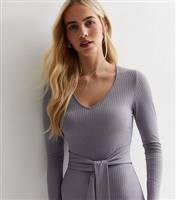 Grey Ribbed Belted Long Sleeve Midaxi Dress New Look