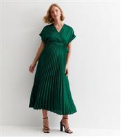 Maternity Dark Green Satin Pleated Wrap Midi Dress New Look