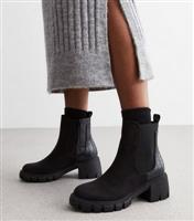 Women's Black Suedette Faux Croc Chunky Block Heel Chelsea Boots New Look