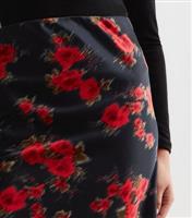 Black Blurred Rose Satin Bias Cut Midi Skirt New Look
