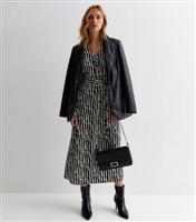 Black Abstract Stripe Belted Midi Dress New Look