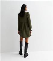 Women's Khaki Crinkle Long Sleeve Smock Mini Dress New Look