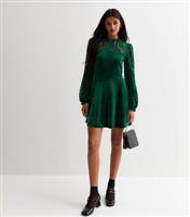 Dark Green Velvet Lace Trim Mini Dress New Look