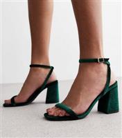 Women's Dark Green Velvet 2 Part Block Heel Sandals Vegan New Look