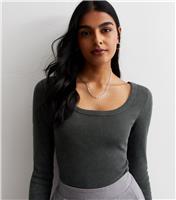 Women's Dark Grey Acid Wash Ribbed Bodysuit New Look