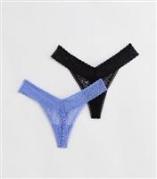 2 Pack Black and Blue Animal Print Lace Thongs New Look
