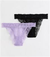 2 Pack Purple and Black Floral Lace Tanga Briefs New Look