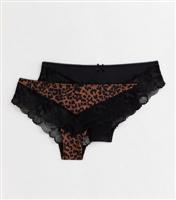 2 Pack Black and Animal Print Lace Short Briefs New Look