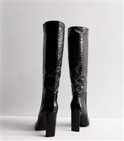 Women's Black Faux Croc Block Heel Knee High Boots Public Desire New Look