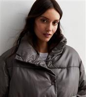 Women's Grey Leather-Look Oversized Puffer Jacket ONLY New Look