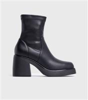 Women's Black Leather-Look Chunky Block Heel Ankle Boots London Rebel New Look