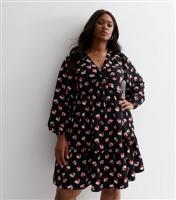 Women's Plus Size Black Floral Print Satin Twist Front Mini Dress Curves New Look