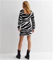 Black Zebra Print Crinkle Jersey Square Neck Long Sleeve Mini Dress New Look
